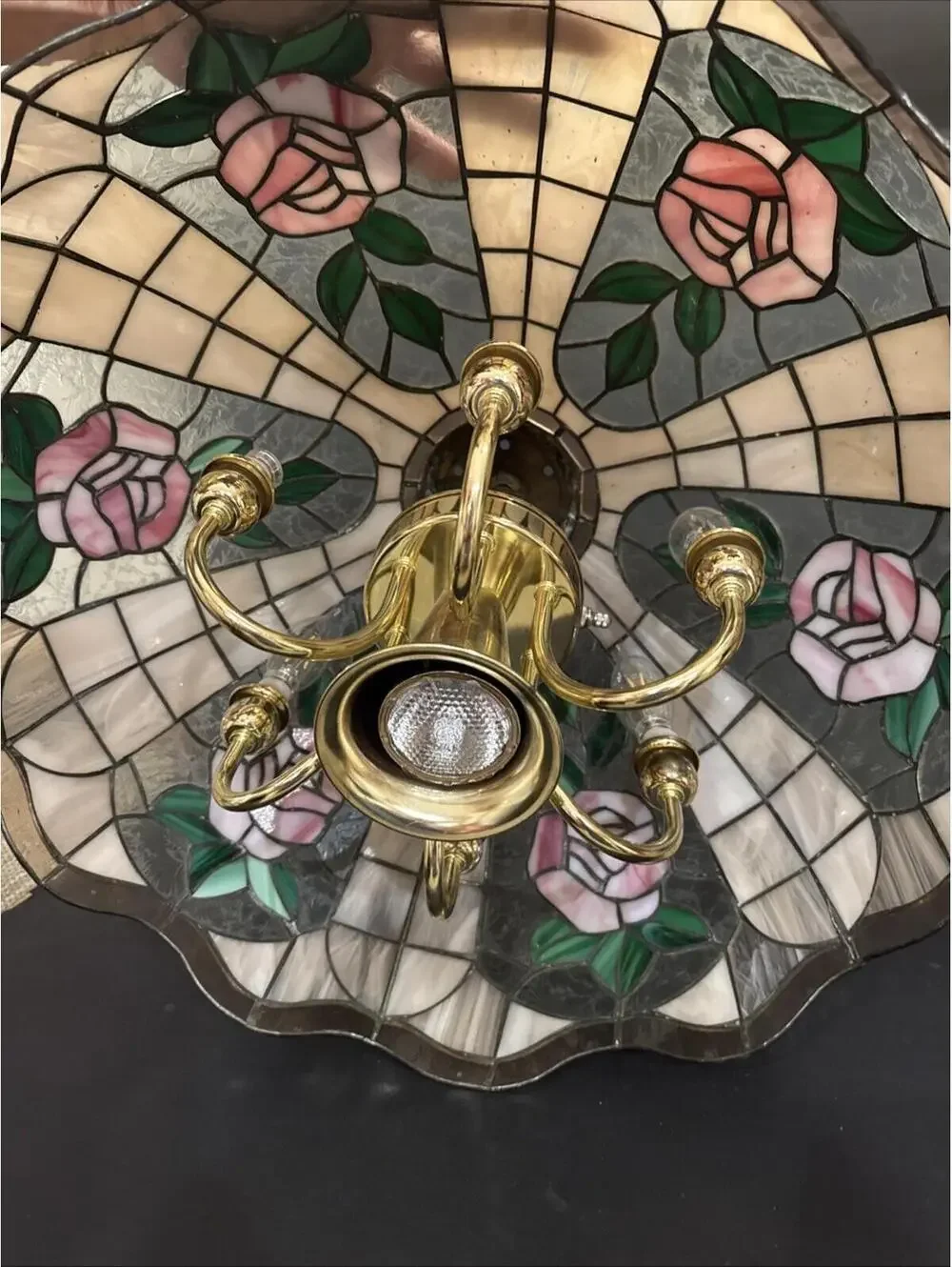 Vintage Tiffany Style 21”  Leaded Glass Hanging Ceiling Chandelier With Lights
